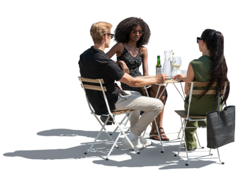 Backlit group of three people sitting in a street cafe and talking, isolated on transparent background