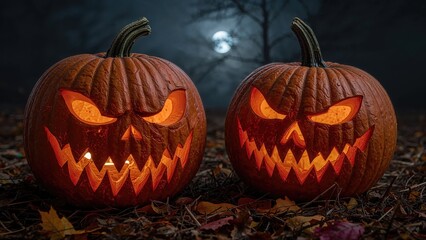 Sinister glowing pumpkins featuring twisted evil smiles shining through the night