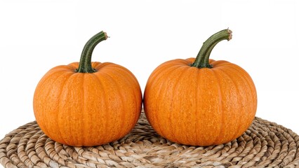 Fototapeta premium Double pumpkins displayed on a straw mat with a white background