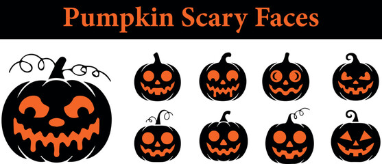 Collection of spooky Halloween pumpkin faces silhouette isolated on transparent background
