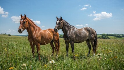 Obraz premium Two horses wandering through a green landscape