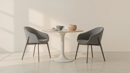 A couple of slate-hued chairs placed beside the table