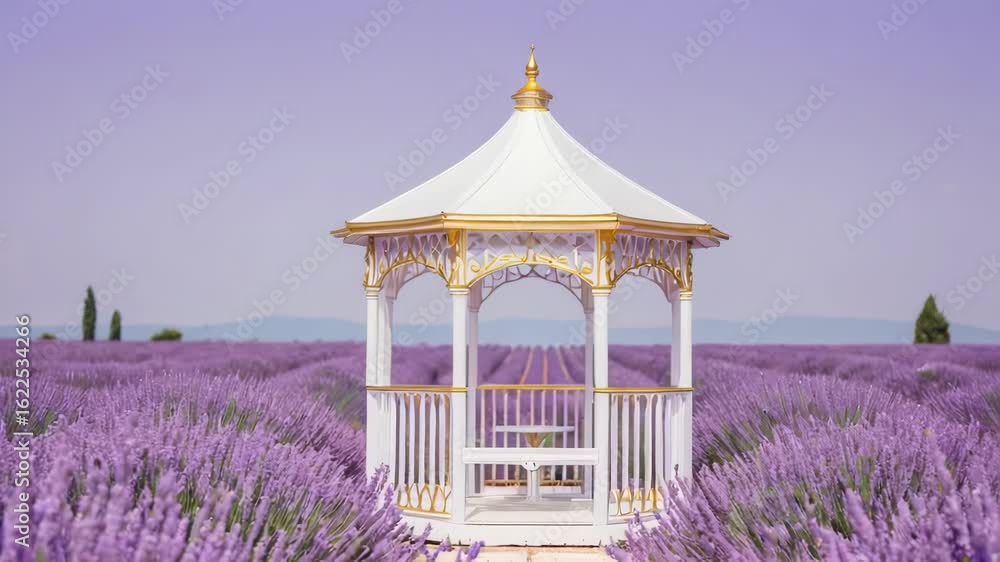 Poster a gazebo surrounded by a lush lavender field with mountains visible in the background