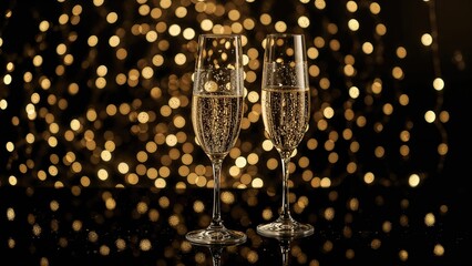 Two celebratory flutes filled with champagne against a dark backdrop with shimmering golden lights and glitter