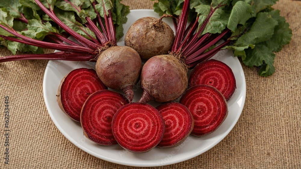 Poster assorted beets presented on a plate with a burlap backdrop, showing whole and cut forms.