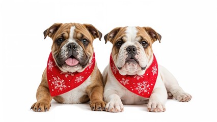 Cute English bulldog siblings wearing Christmas scarves in white background