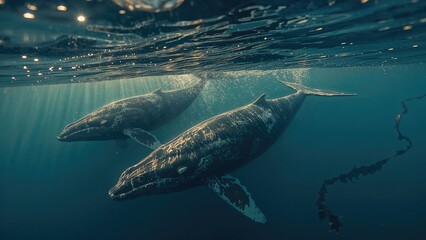 Obraz premium Backlit Scene of a Duo of Blue Whales Diving