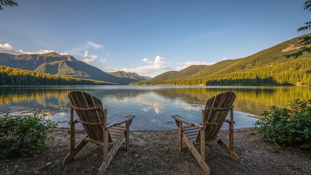 Pair of chairs beside a serene mountain lake