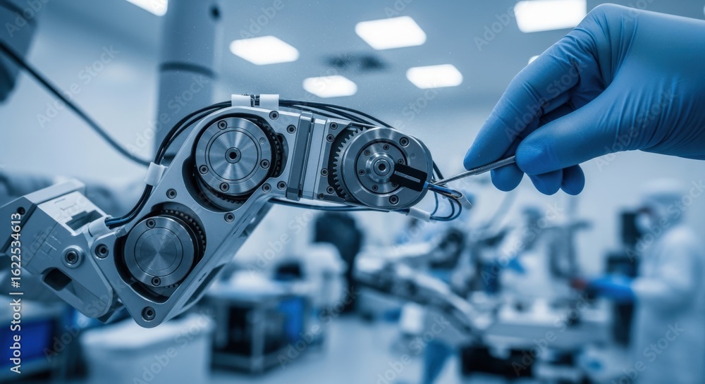 Poster surgical robot instrument mechanical joints in a cleanroom focused on the precise calibration proces