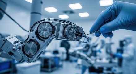 Surgical robot instrument mechanical joints in a cleanroom focused on the precise calibration process ensuring smooth accurate articulation movement.