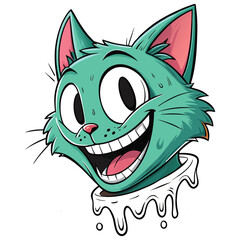Whimsical cartoon teal cat head with wide grin isolated on white background