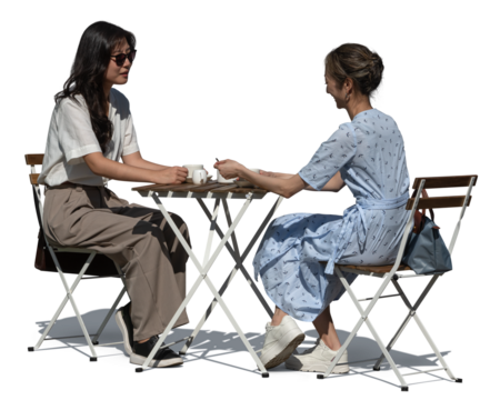 Two Asian women sitting in an outdoor cafe and talking, isolated on transparent and white background - Powered by Adobe