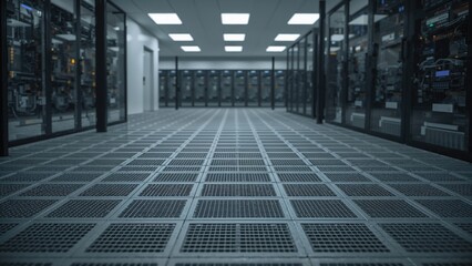 Floor panels elevated to permit the routing of services below, contained within the room area.