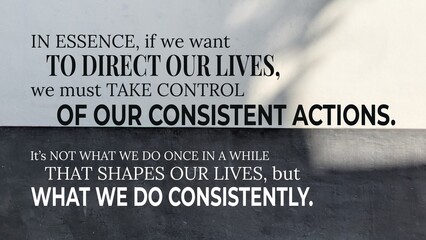 An inspirational quote emphasizing consistent actions for life direction, set against a light-colored background with a subtle shadow and dark strip at the bottom.