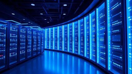 Abstract server room with blue glow effect, minimalist technology theme and atmospheric lighting.