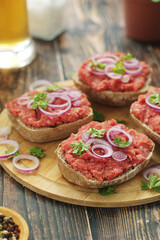 Traditional German sandwiches with minced meat Mettbroetchen	