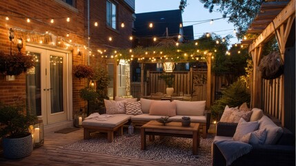 Fototapeta premium Cozy Outdoor Patio with String Lights at Dusk for Relaxation and Gatherings