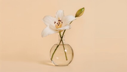 Floral display featuring a tropical bloom in a vase on a beige background with text area