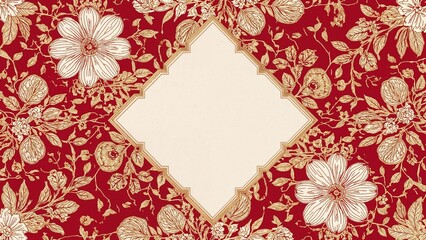 Illustrated ornamental border for album or greeting card in classic Art Deco design. Digital abstract floral circle composed of golden whimsical leaves and blossoms on a tri-color background of red,