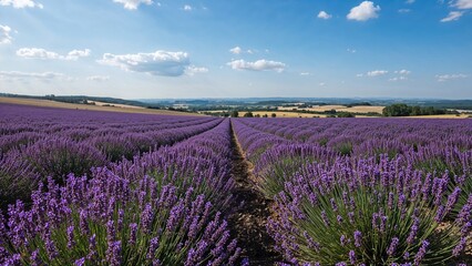 Fototapeta premium A vast field of blooming lavender stretching into the horizon beneath a clear blue sky.