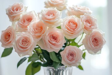 Obraz premium Pale pink roses with natural blemishes in elegant vase on table against white background under soft overhead light