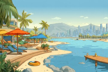 Seaside resort scene with a cityscape view.