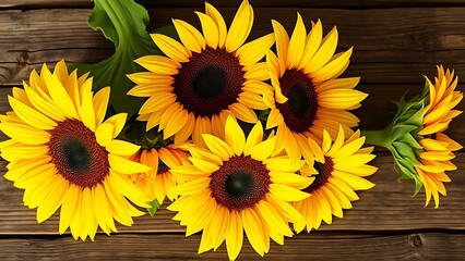 Sunflowers arranged on a rustic wooden surface with warm natural lighting.