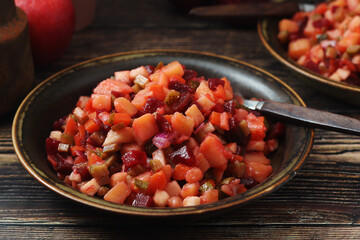 A bowl with traditional Rosolli salad, Finnish cuisine