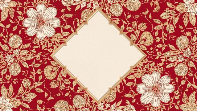 Illustrated ornamental border for album or greeting card in classic Art Deco design. Digital abstract floral circle composed of golden whimsical leaves and blossoms on a tri-color background of red,