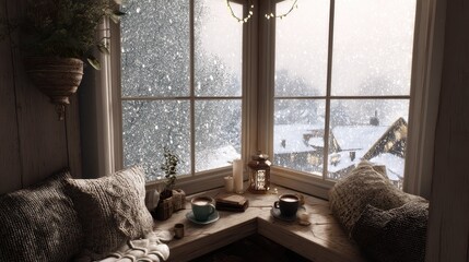 Cozy Window Corner with Snow Falling Outside for a Warm Atmosphere