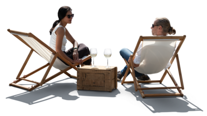 Backlit photo of a man and a woman sitting in a resort cafe in white sling chairs and drinking wine, isolated on transparent and white background