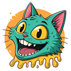 Psychedelic cartoon cat with a wide grinning mouth and dripping yellow substance