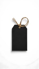 Blank Black Gift Tag with Twine on White Background