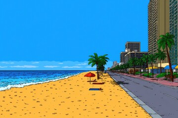Beachfront city scene with palm trees and buildings.
