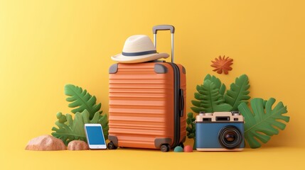 Bright travel scene with orange suitcase camera flowers smartphone and hat on yellow background