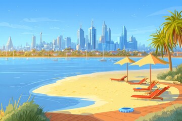 Cityscape beach scene with colorful umbrellas and lounge chairs.
