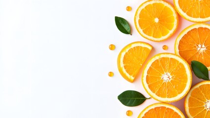 Orange Slices with Green Leaves on White Background