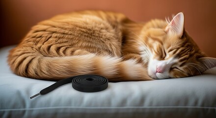 A cute ginger tabby cat is curled up sleeping peacefully on a soft cushion next to a coiled black shoelace.