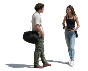 Two people standing casually in the street in sunlight and talking isolated on transparent and white background