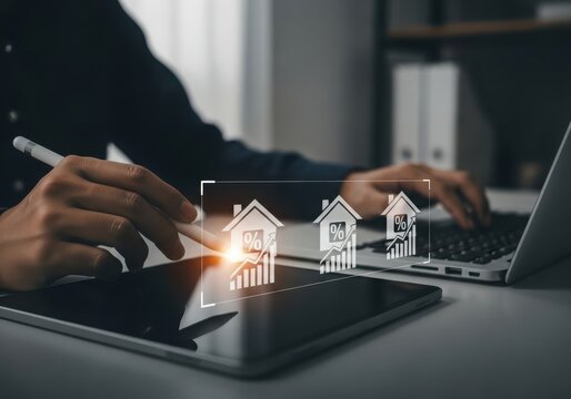 Person using tablet and laptop with real estate growth charts hand stylus