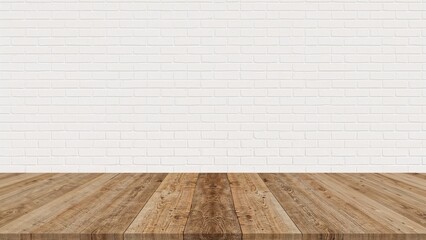 Naklejka premium Unoccupied wood tabletop against white wall, perfect for store display and banner designs