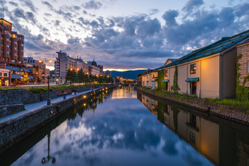 Night scene of the Canal at Otaru port town in Hokkaido, Japan