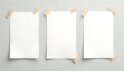 Three Blank Sheets of Paper Taped to Wall for Display or Mockup