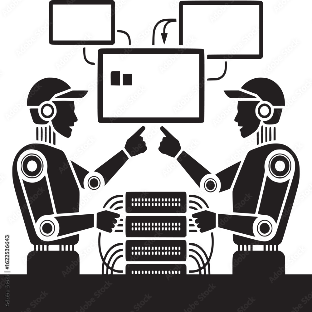 Poster two robots pointing at screens connected to a server in a black and white graphic illustration