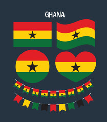 A vibrant set of Ghana flags in various shapes and styles, ideal for national celebrations, educational materials, cultural visuals, and creative graphic design.