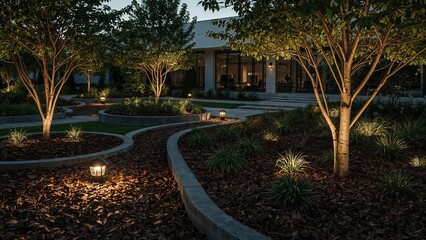 Garden beds shaped in curves with assorted mulch types and trees lit by focused lighting