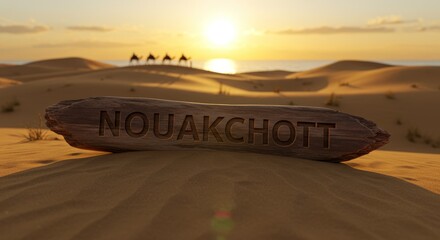 Desert journey: Nouakchott carved in wood amidst sand dunes and camel caravan