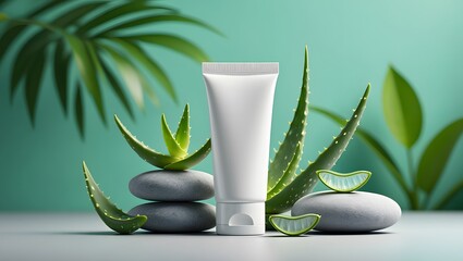 Aloe Vera Skincare Cream Tube with Green Leaves and Stones