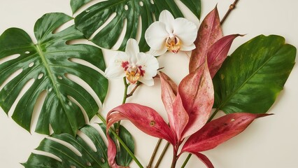 Collection of green monstera, orchid, and flamingo leaves from a tropical forest isolated on a plain background. Floral composition. Overhead flat lay perspective.