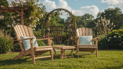 Rustic wooden deck seating surrounded by fresh grass and blooming garden, capturing the essence of spring and summer